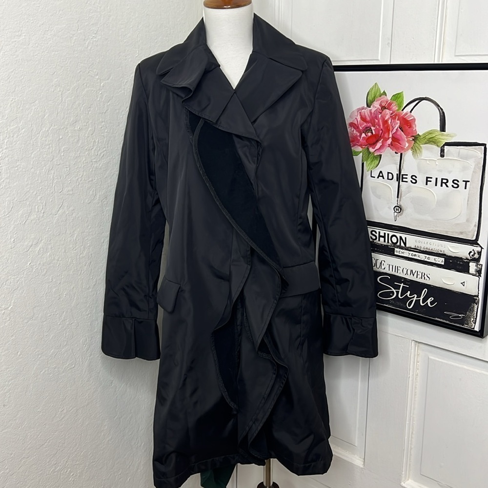 Jane Post Black Nylon Ruffled Front Jacket Size S